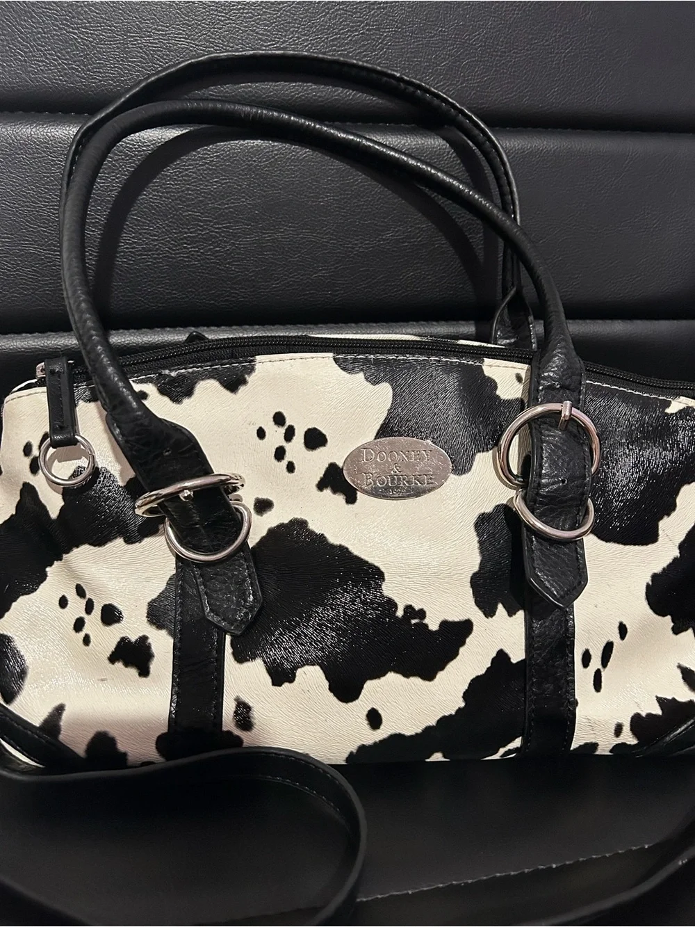 Vintage Dooney & Bourke Cow Print Satchel, Top Handle Bag with Detachable Strap